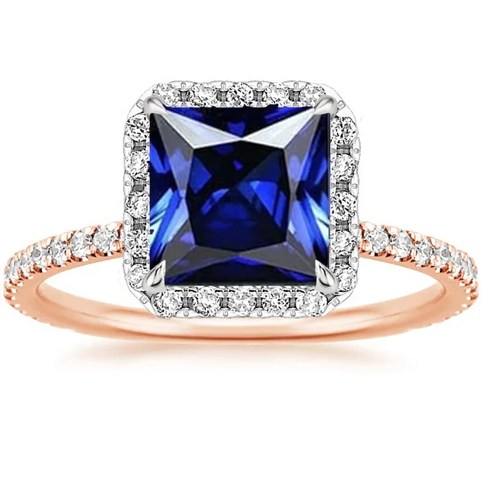 Halo Princess Sapphire Ring Two Tone Pave Natural Earth Mined Diamond Accents 625 Carats HarryChadEntcom Rings