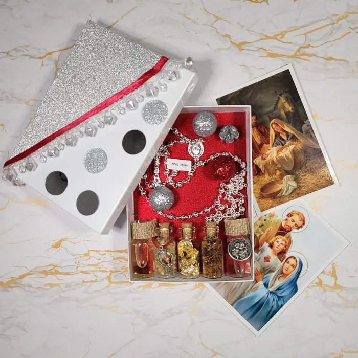 Earrings Nativity box Myrrh Incense Gold Silver Rosary Relics oils medals prayer cards Our Lady of Gifts