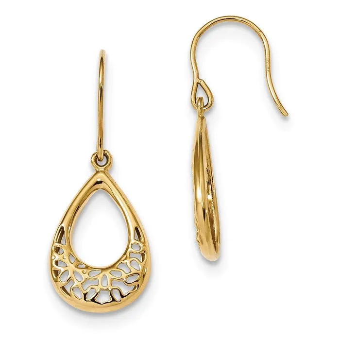 14k Polished Floral Teardrop Shepherd Hook Earrings Jewelry Earrings