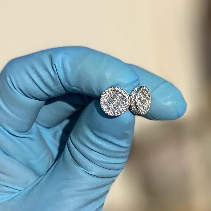 925 Sterling Silver Iced Round Baguette Flooded Out Earrings 10MM Bling Cartel Earrings 925 Sterling Silver Iced Round Baguette Flooded Out Earrings 10MM Bling Cartel Earrings