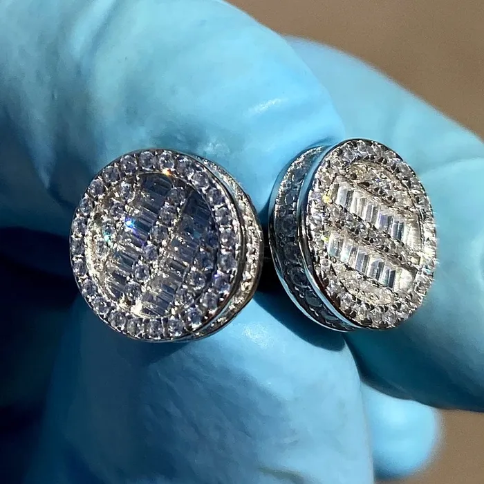 925 Sterling Silver Iced Round Baguette Flooded Out Earrings 10MM Bling Cartel Earrings 925 Sterling Silver Iced Round Baguette Flooded Out Earrings 10MM Bling Cartel Earrings