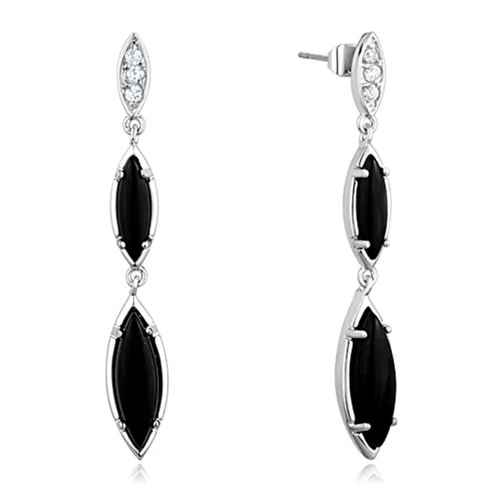 Alamode Earrings 3W702 Rhodium Brass Earrings with Synthetic Onyx in Jet