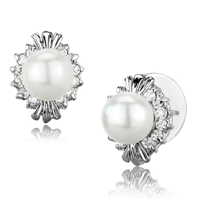 Alamode Earrings 3W886 Rhodium Brass Earrings with Synthetic Pearl in White