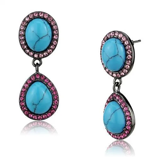 Alamode Earrings TK2847 IP Light Black IP Gun Stainless Steel Earrings with Synthetic Turquoise in Sea Blue Alamode Earrings TK2847 IP Light Black IP Gun Stainless Steel Earrings with Synthetic Turquoise in Sea Blue