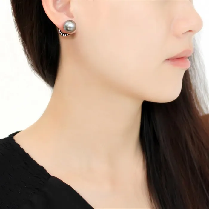 Alamode Earrings TK3481 IP BlackIon Plating Stainless Steel Earrings with Synthetic Pearl in Light Gray