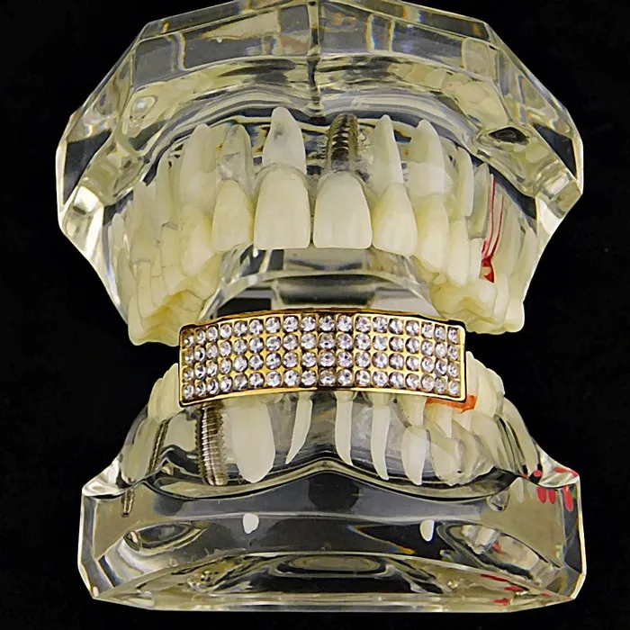 Bling Cartel Admin Earrings 14K Gold Plated Iced Four Row Bottom Teeth Grillz