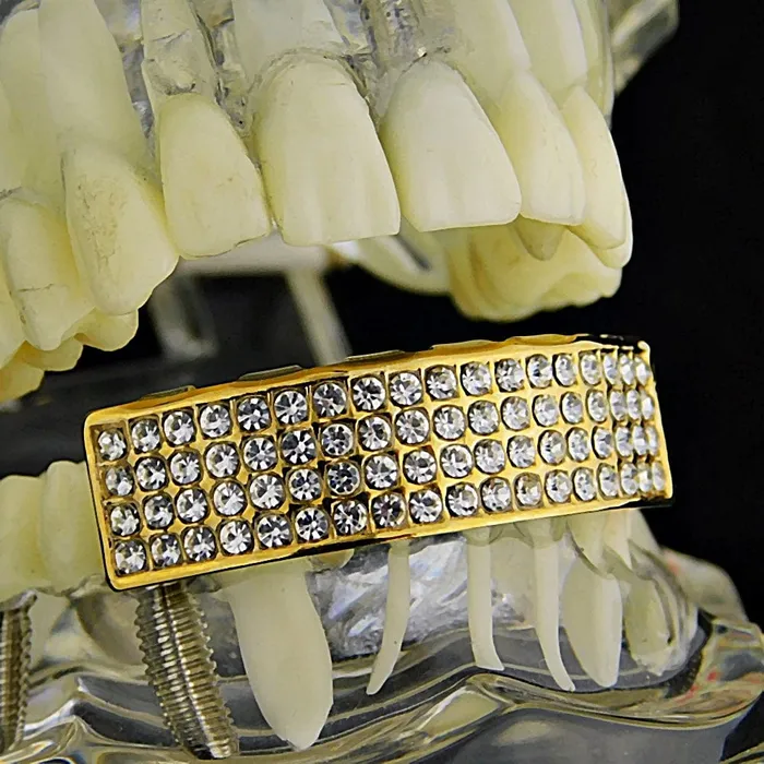 Bling Cartel Admin Earrings 14K Gold Plated Iced Four Row Bottom Teeth Grillz