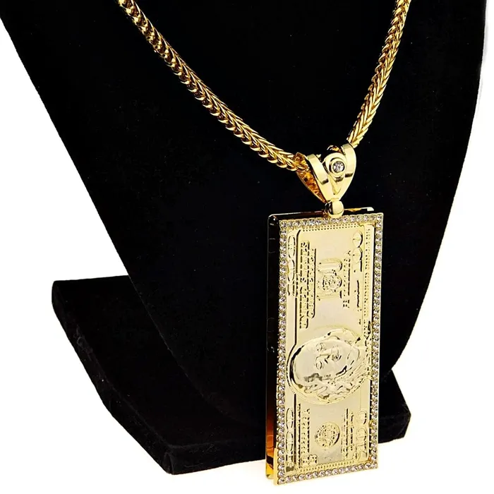 Bling Cartel Admin Necklaces 100 Dollar Bill Pendant 18k Gold Plated Franco Chain Necklace 24 Bling Cartel Admin Necklaces 100 Dollar Bill Pendant 18k Gold Plated Franco Chain Necklace 24