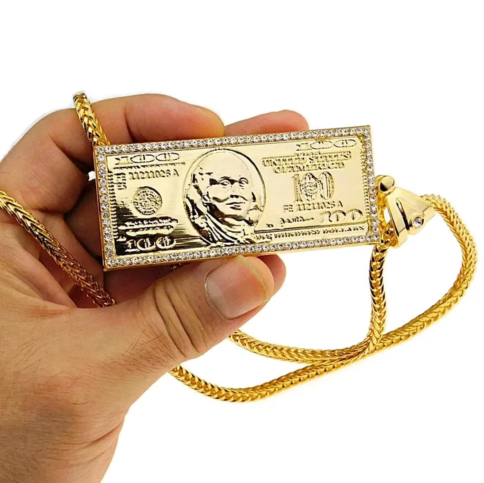 Bling Cartel Admin Necklaces 100 Dollar Bill Pendant 18k Gold Plated Franco Chain Necklace 24 Bling Cartel Admin Necklaces 100 Dollar Bill Pendant 18k Gold Plated Franco Chain Necklace 24