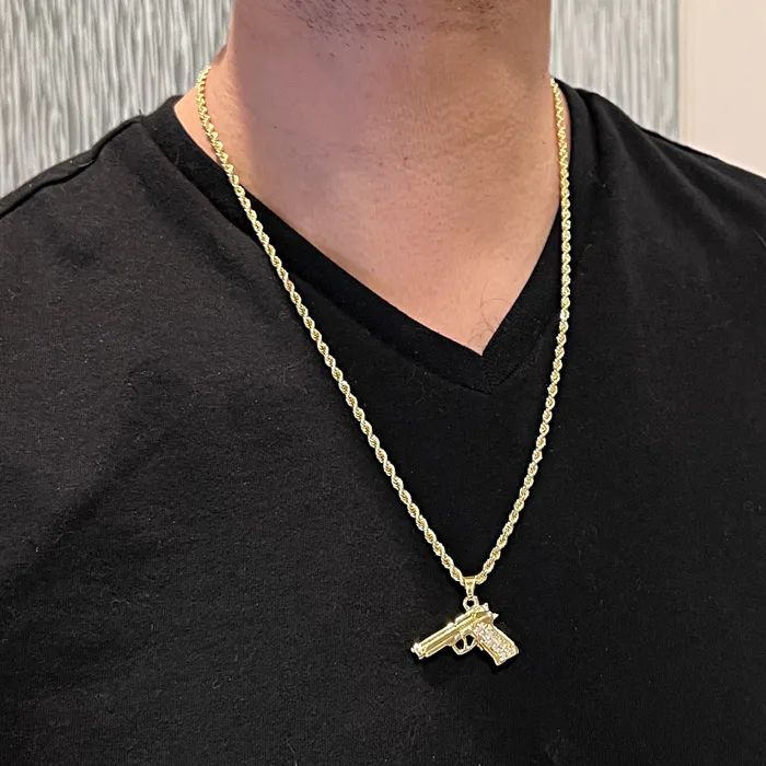 Bling Cartel Admin Necklaces Micro Gun Pistol Iced Pendant Rope Chain Gold Finish Necklace 24