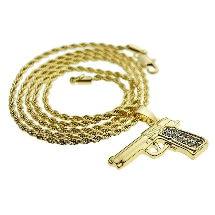 Bling Cartel Admin Necklaces Micro Gun Pistol Iced Pendant Rope Chain Gold Finish Necklace 24