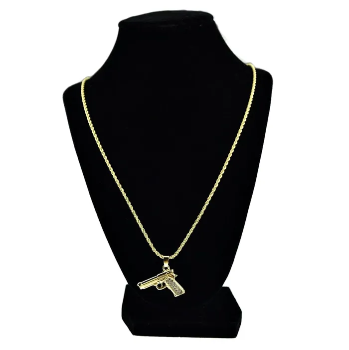 Bling Cartel Admin Necklaces Micro Gun Pistol Iced Pendant Rope Chain Gold Finish Necklace 24