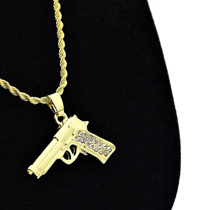 Bling Cartel Admin Necklaces Micro Gun Pistol Iced Pendant Rope Chain Gold Finish Necklace 24