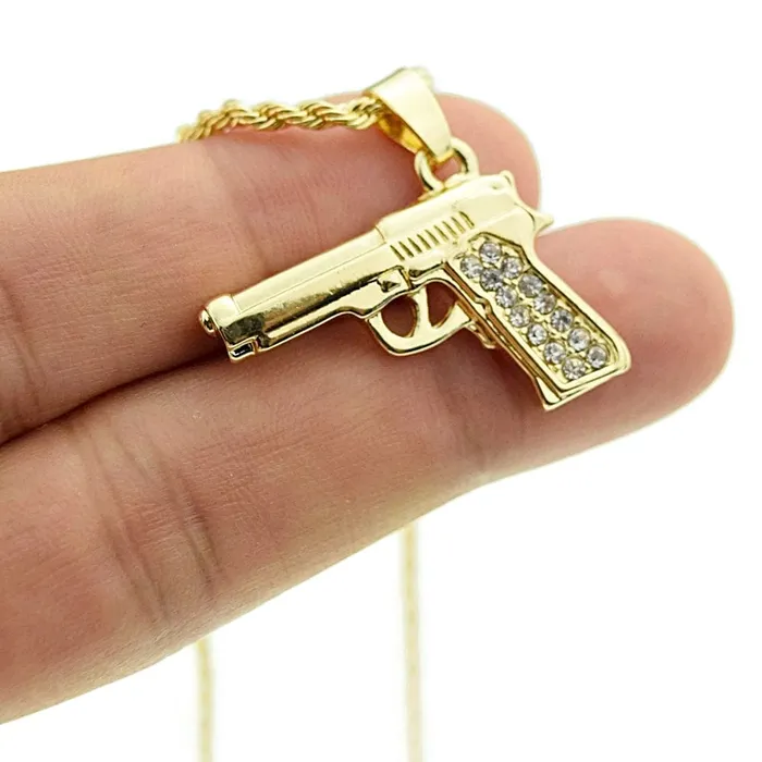 Bling Cartel Admin Necklaces Micro Gun Pistol Iced Pendant Rope Chain Gold Finish Necklace 24