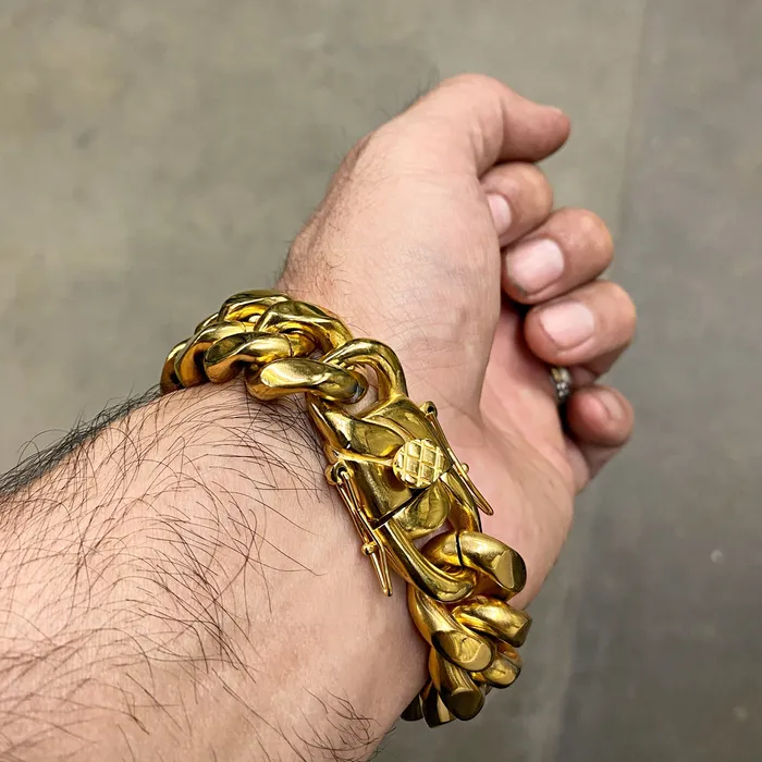 Bling Cartel Mens 24K Gold Plated Over 316L Stainless Steel Cuban Bracelet 85 20MM Bracelets Bling Cartel Mens 24K Gold Plated Over 316L Stainless Steel Cuban Bracelet 85 20MM Bracelets