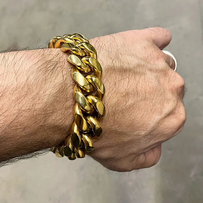 Bling Cartel Mens 24K Gold Plated Over 316L Stainless Steel Cuban Bracelet 85 20MM Bracelets Bling Cartel Mens 24K Gold Plated Over 316L Stainless Steel Cuban Bracelet 85 20MM Bracelets