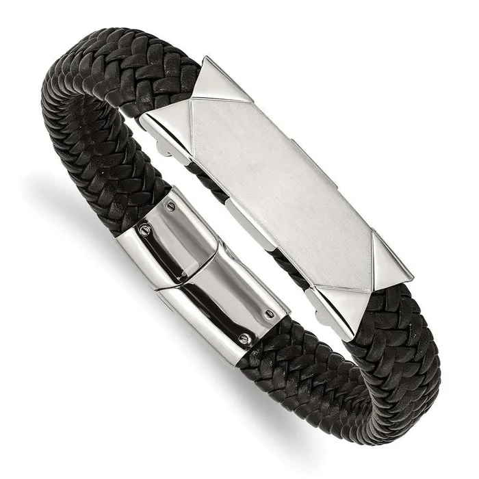 Bracelets Chisel Stainless Steel Brushed and Polished Black Leather 85in ID Bracelet Bracelets Chisel Stainless Steel Brushed and Polished Black Leather 85in ID Bracelet