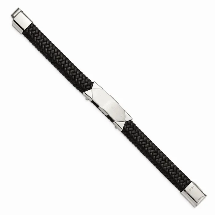 Bracelets Chisel Stainless Steel Brushed and Polished Black Leather 85in ID Bracelet Bracelets Chisel Stainless Steel Brushed and Polished Black Leather 85in ID Bracelet