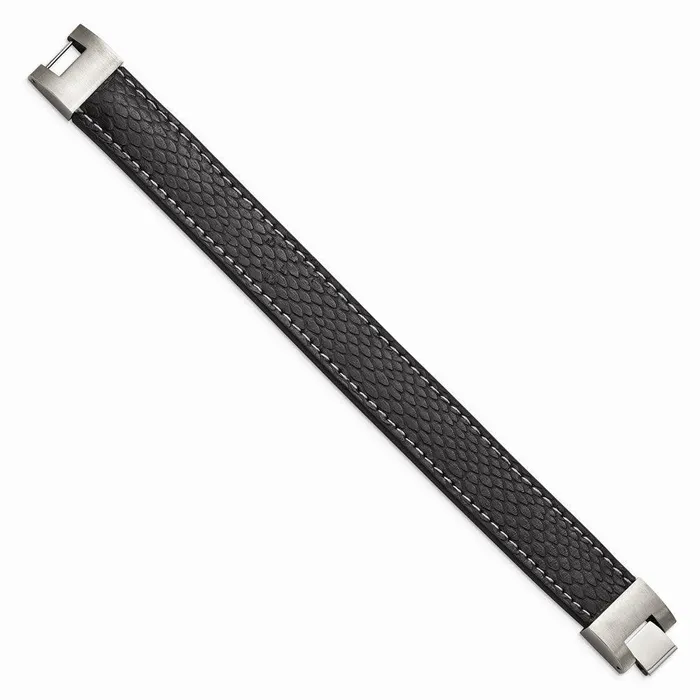 Bracelets Chisel Stainless Steel Polished Black Leather Bracelet Bracelets Chisel Stainless Steel Polished Black Leather Bracelet