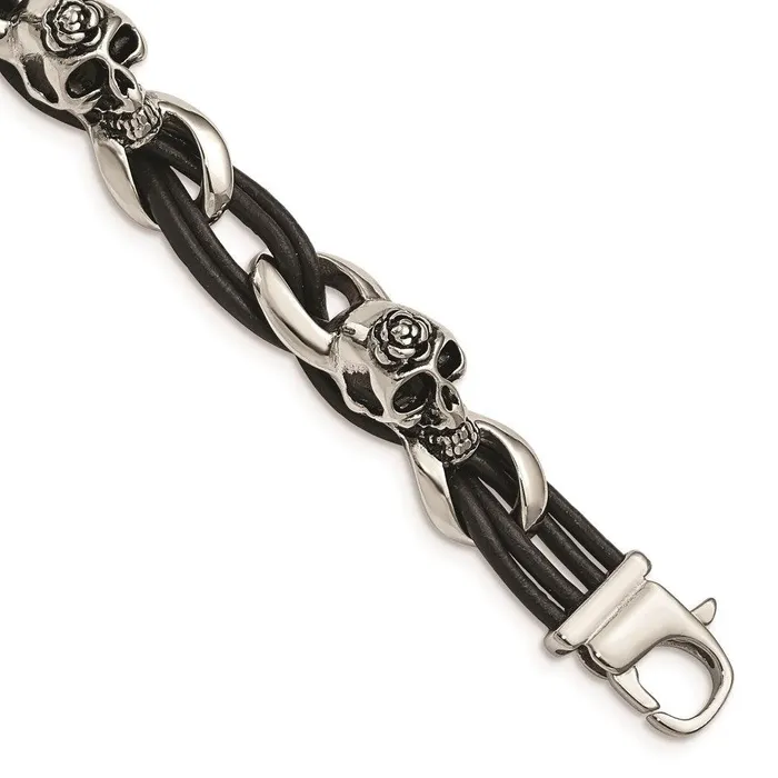 Bracelets Chisel Stainless Steel Polished SkullsRoses Black Leather Bracelet Bracelets Chisel Stainless Steel Polished SkullsRoses Black Leather Bracelet