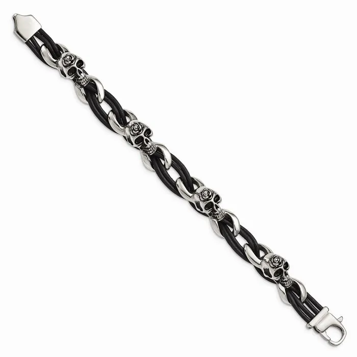Bracelets Chisel Stainless Steel Polished SkullsRoses Black Leather Bracelet Bracelets Chisel Stainless Steel Polished SkullsRoses Black Leather Bracelet
