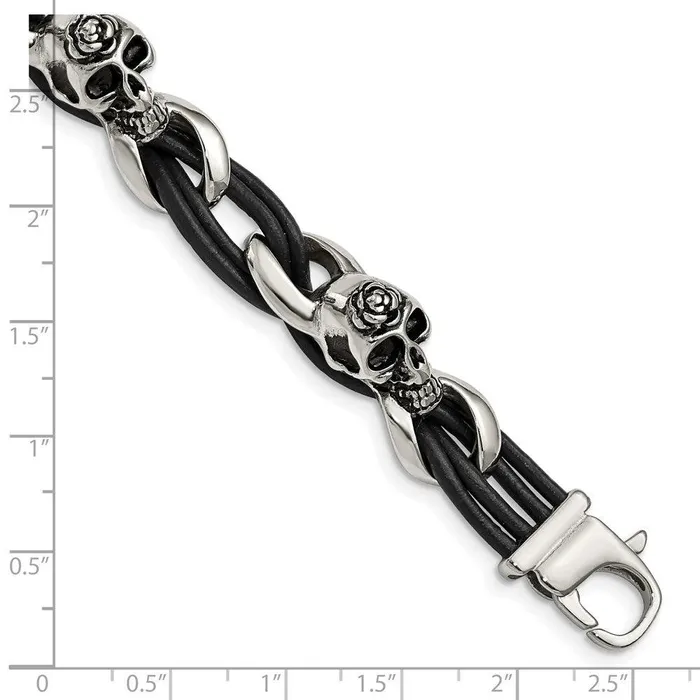 Bracelets Chisel Stainless Steel Polished SkullsRoses Black Leather Bracelet Bracelets Chisel Stainless Steel Polished SkullsRoses Black Leather Bracelet