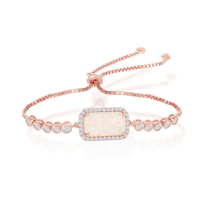 Bracelets Classic Sterling Silver Rectangle White Opal with CZ Border Adjustable Bolo Bracelet Rose Gold Plated Bracelets Classic Sterling Silver Rectangle White Opal with CZ Border Adjustable Bolo Bracelet Rose Gold Plated