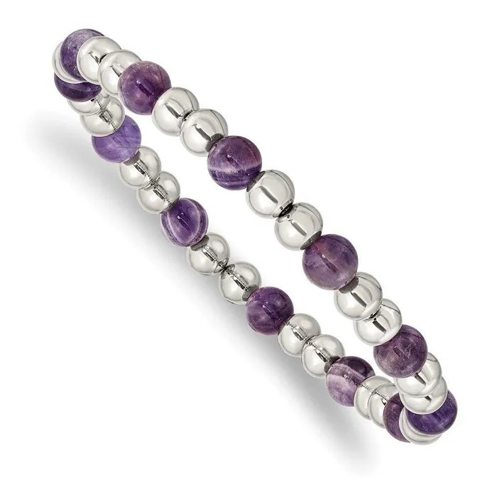Bracelets Stainless Steel Polished Purple Zebra Amethyst Beaded Stretch Bracelet Chisel Bracelets Stainless Steel Polished Purple Zebra Amethyst Beaded Stretch Bracelet Chisel