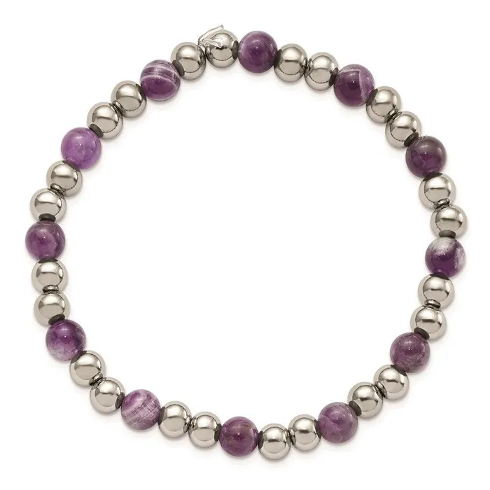 Bracelets Stainless Steel Polished Purple Zebra Amethyst Beaded Stretch Bracelet Chisel Bracelets Stainless Steel Polished Purple Zebra Amethyst Beaded Stretch Bracelet Chisel
