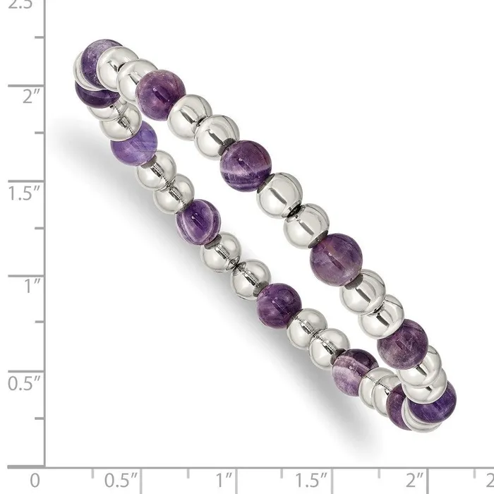 Bracelets Stainless Steel Polished Purple Zebra Amethyst Beaded Stretch Bracelet Chisel Bracelets Stainless Steel Polished Purple Zebra Amethyst Beaded Stretch Bracelet Chisel