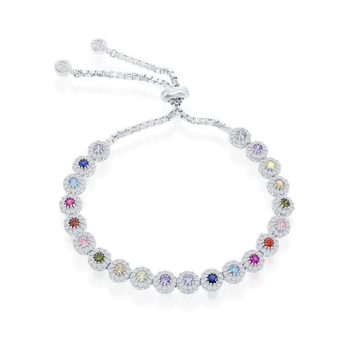 Bracelets Sterling Silver Round Rainbow CZ Adjustable Bolo Bracelet Classic Bracelets Sterling Silver Round Rainbow CZ Adjustable Bolo Bracelet Classic