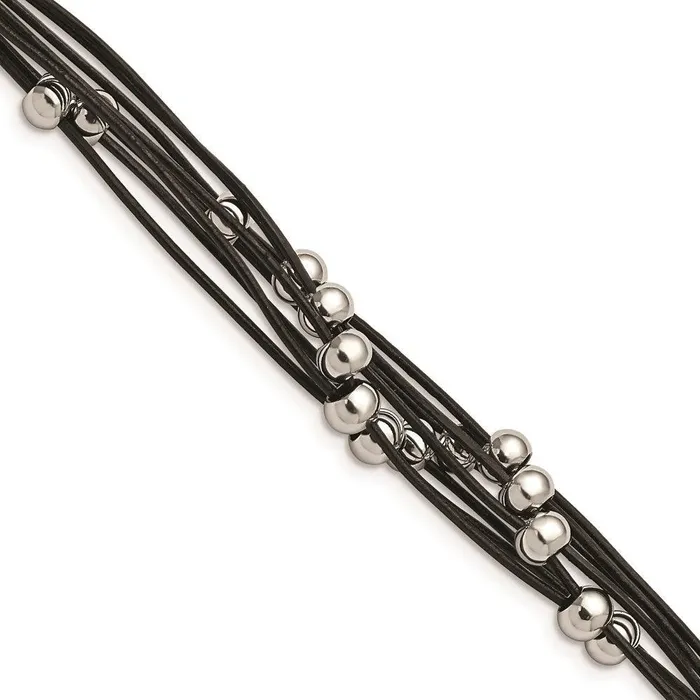 Chisel Bracelets Stainless Steel Black Leather wBeads 8in Bracelet