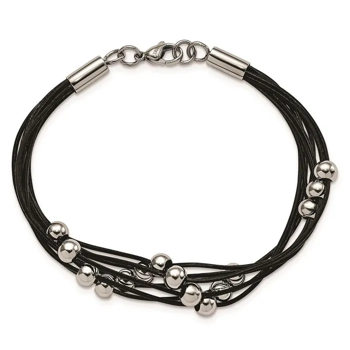 Chisel Bracelets Stainless Steel Black Leather wBeads 8in Bracelet Chisel Bracelets Stainless Steel Black Leather wBeads 8in Bracelet