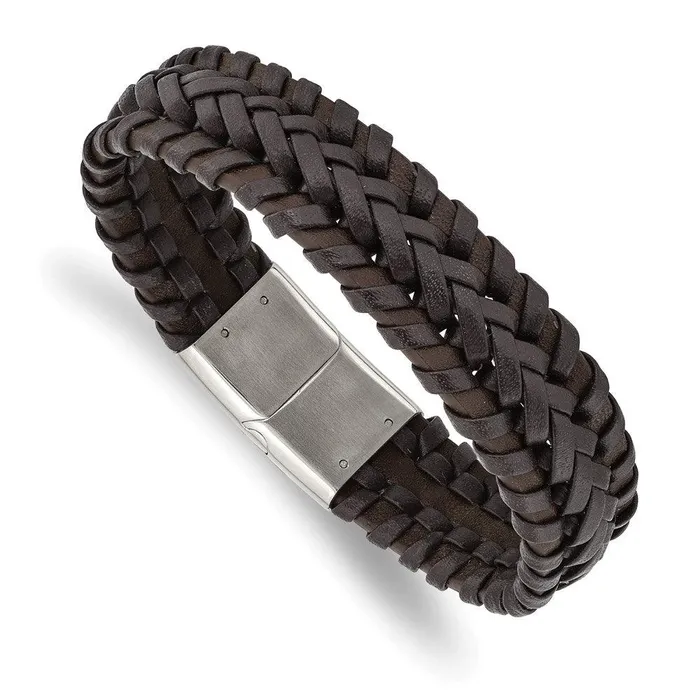 Chisel Bracelets Stainless Steel Polished Braided Brown Leather 85in Bracelet Chisel Bracelets Stainless Steel Polished Braided Brown Leather 85in Bracelet