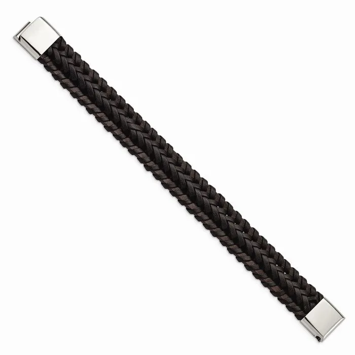 Chisel Bracelets Stainless Steel Polished Braided Brown Leather 85in Bracelet Chisel Bracelets Stainless Steel Polished Braided Brown Leather 85in Bracelet