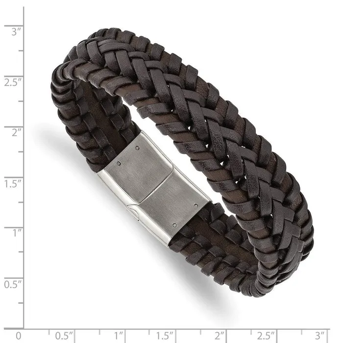 Chisel Bracelets Stainless Steel Polished Braided Brown Leather 85in Bracelet Chisel Bracelets Stainless Steel Polished Braided Brown Leather 85in Bracelet