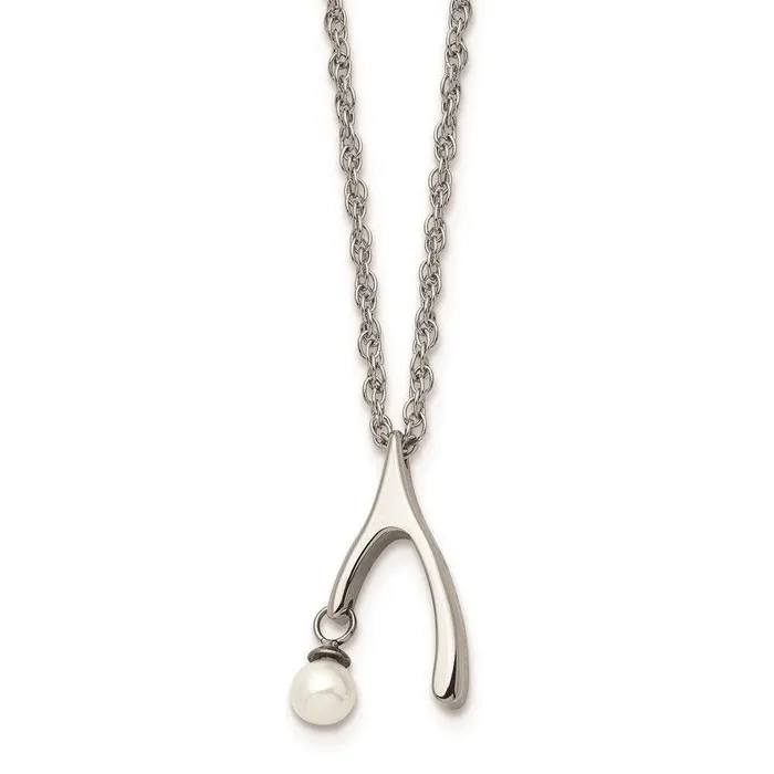 Chisel Necklaces Stainless Steel Polished Wishbone Imitation Pearl 16in Necklace Chisel Necklaces Stainless Steel Polished Wishbone Imitation Pearl 16in Necklace