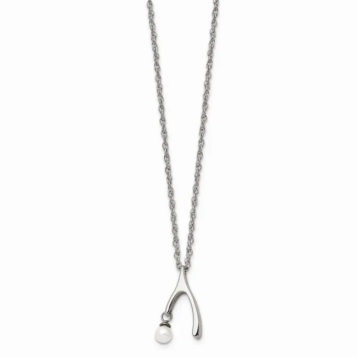 Chisel Necklaces Stainless Steel Polished Wishbone Imitation Pearl 16in Necklace Chisel Necklaces Stainless Steel Polished Wishbone Imitation Pearl 16in Necklace