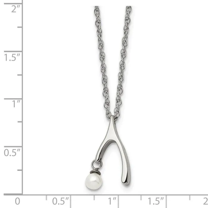 Chisel Necklaces Stainless Steel Polished Wishbone Imitation Pearl 16in Necklace Chisel Necklaces Stainless Steel Polished Wishbone Imitation Pearl 16in Necklace