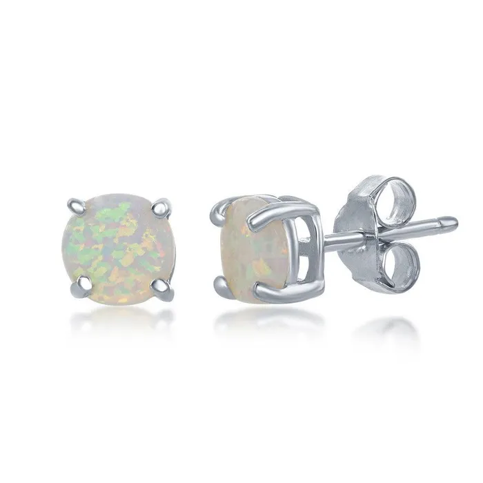 Classic Earrings Sterling Silver 6mm White Opal Round Stud Earrings