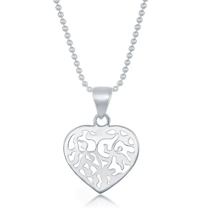 Classic Necklaces Sterling Silver 17 Inch Diamond Cut Bead Chain With Flat Heart Necklace
