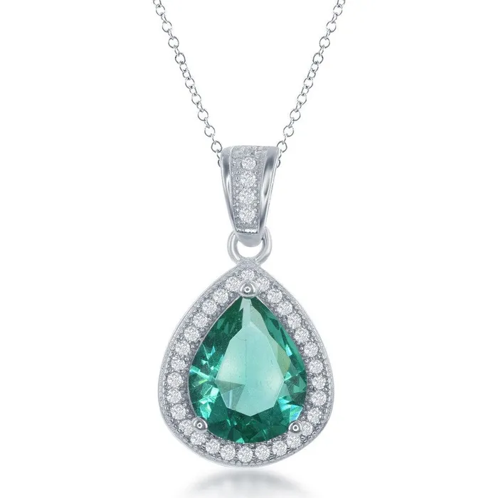 Classic Necklaces Sterling Silver Emerald Teardrop CZ Border Pendant