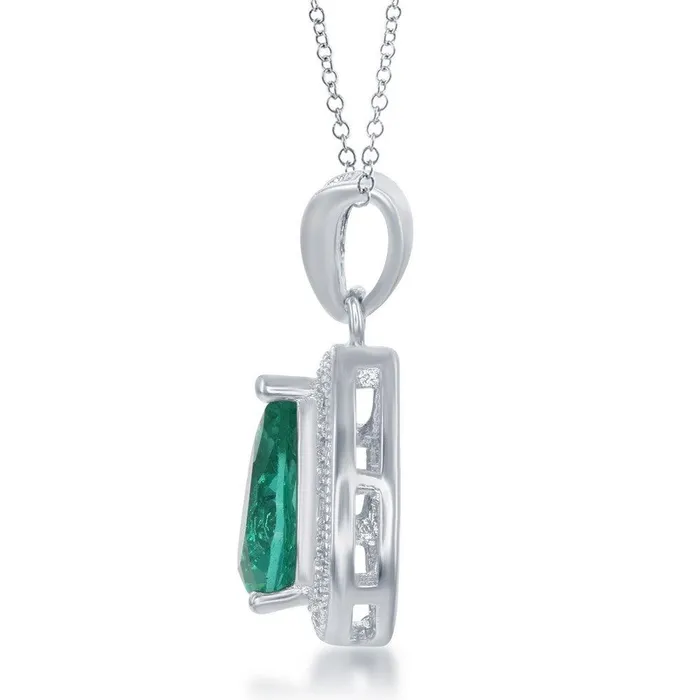 Classic Necklaces Sterling Silver Emerald Teardrop CZ Border Pendant Classic Necklaces Sterling Silver Emerald Teardrop CZ Border Pendant