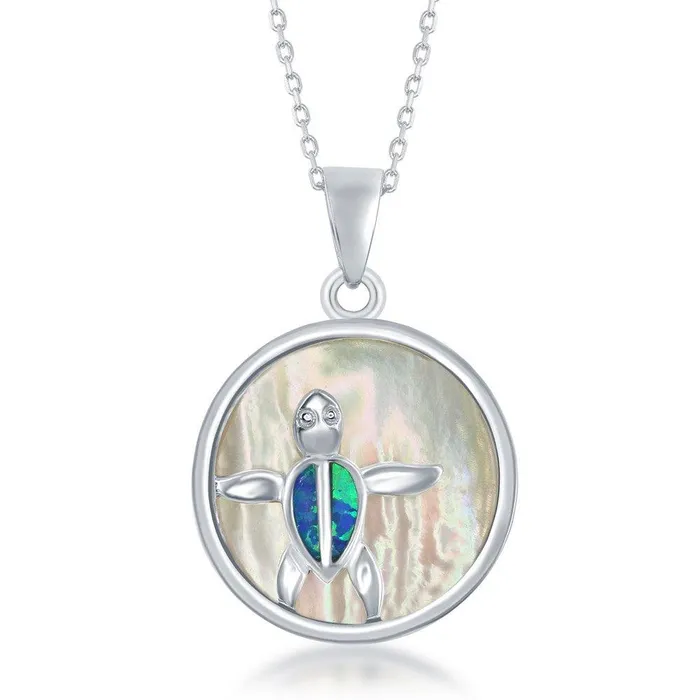 Classic Necklaces Sterling Silver Round MOP with Turtle Pendant