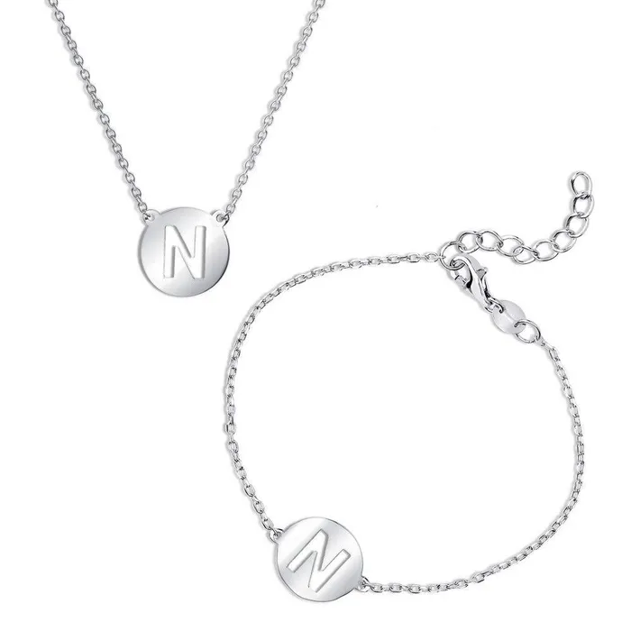 Classic Necklaces Sterling Silver Shiny N Disc Initial Bracelet and Necklace Set Classic Necklaces Sterling Silver Shiny N Disc Initial Bracelet and Necklace Set