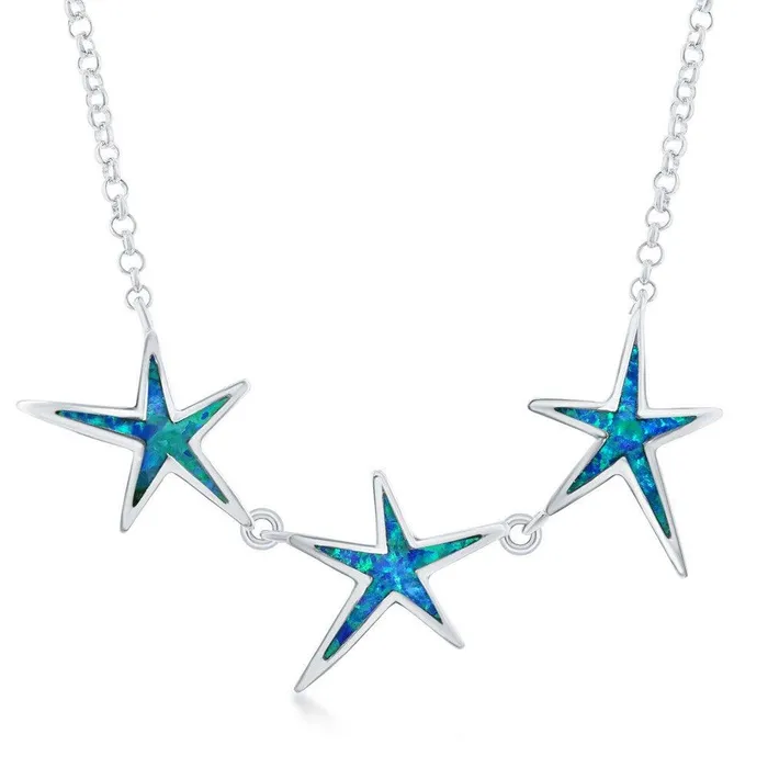 Classic Sterling Silver Blue Inlay Opal Three Linked Starfish Necklace Necklaces Classic Sterling Silver Blue Inlay Opal Three Linked Starfish Necklace Necklaces
