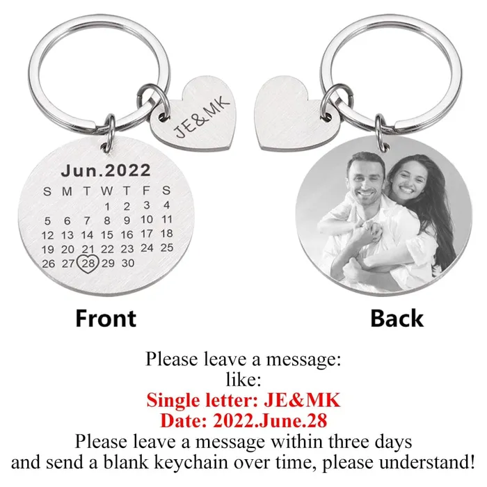 Custom Name and Photo Couple Keychain with Calendar Date VVS Jewelry Necklaces