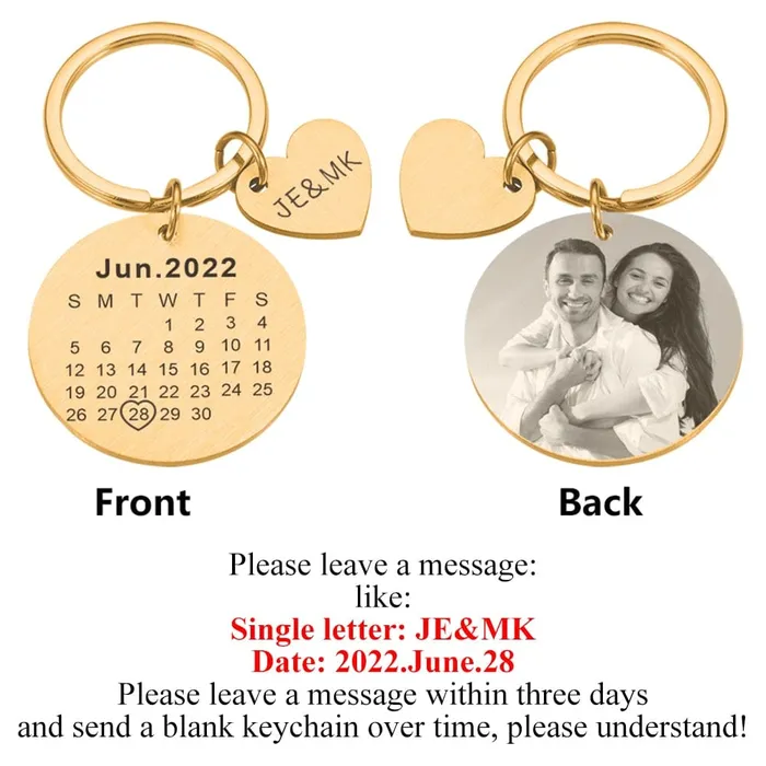 Custom Name and Photo Couple Keychain with Calendar Date VVS Jewelry Necklaces