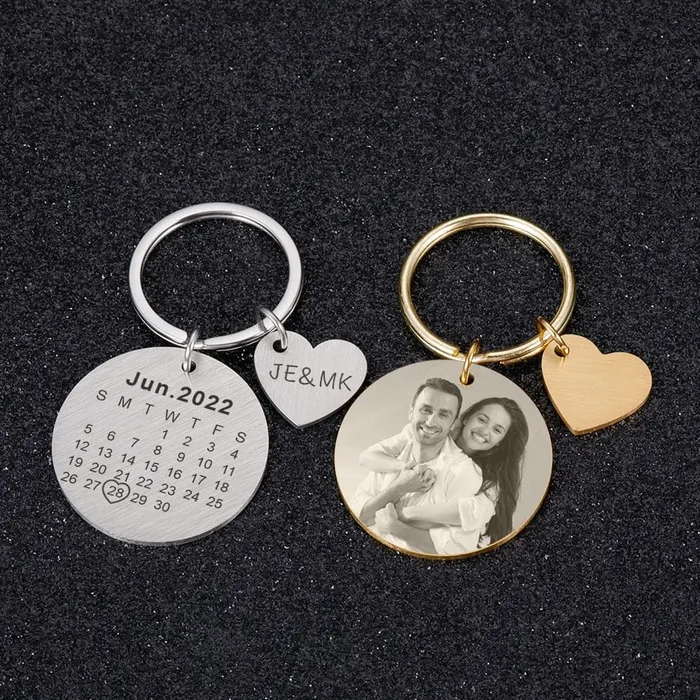 Custom Name and Photo Couple Keychain with Calendar Date VVS Jewelry Necklaces
