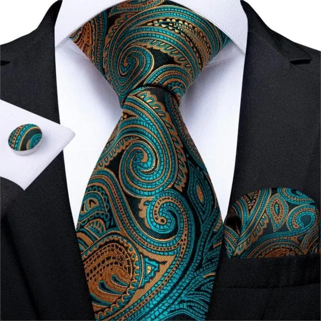 DBG VIP Design Collection Mens Fashion Deep Emerald Green Golden Stripes Design 100 Premium Quality Silk Ties Divine Inspiration Styles Earrings